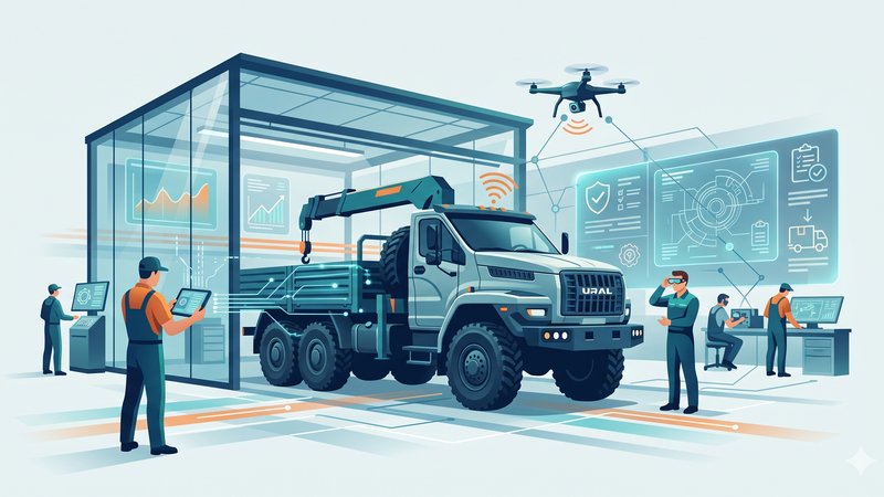 Современная иллюстрация процесса технического обслуживания автопарка грузовиков Урал в футуристическом сервисном центре